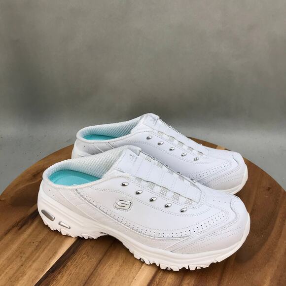 Skechers D'Lites Slip On Mule Sneakers Women 8.5 Wide White Leather Low Top - Picture 1 of 8